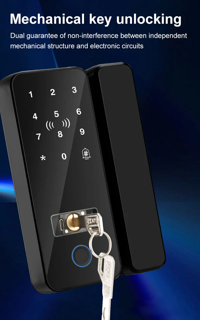 Tuya APP Glass Door Fingerprint Lock Bluetooth Smart Biometric Electronic Door Lock 13.56Mhz RFID Remote Control Keyless Unlock