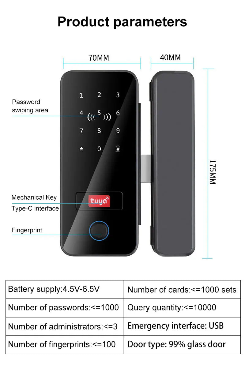 Tuya APP Glass Door Fingerprint Lock Bluetooth Smart Biometric Electronic Door Lock 13.56Mhz RFID Remote Control Keyless Unlock
