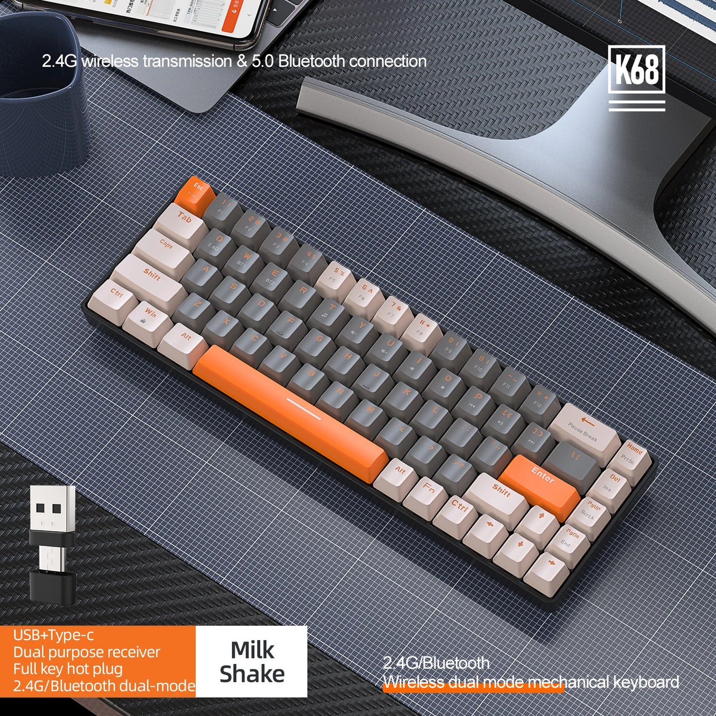 K68 Dual Mode Wireless Mechanical Keyboard – Hot-Swappable 60 Percent Mini Design