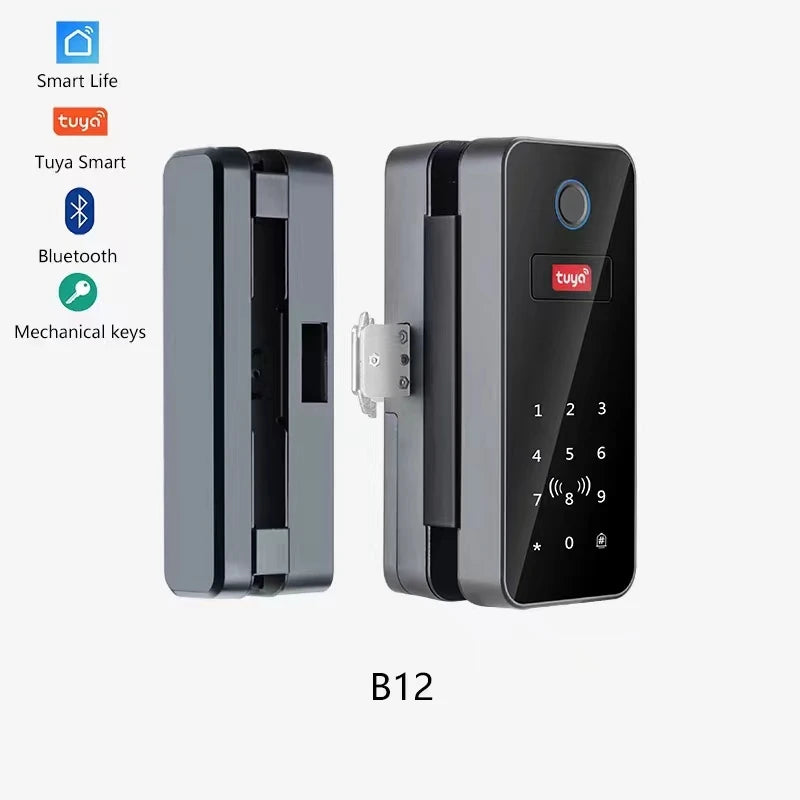 Tuya APP Glass Door Fingerprint Lock Bluetooth Smart Biometric Electronic Door Lock 13.56Mhz RFID Remote Control Keyless Unlock