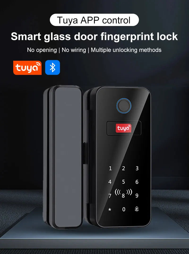 Tuya APP Glass Door Fingerprint Lock Bluetooth Smart Biometric Electronic Door Lock 13.56Mhz RFID Remote Control Keyless Unlock